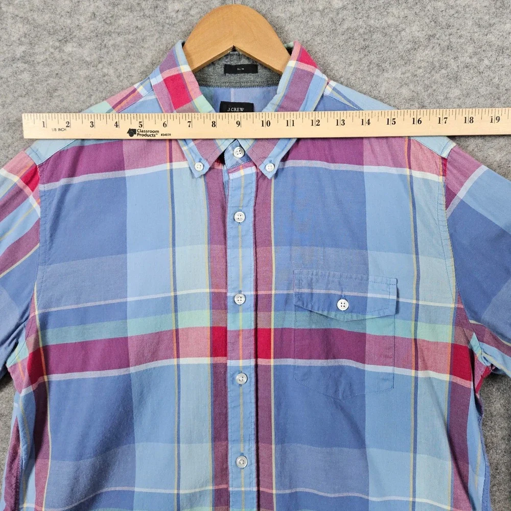 J Crew Slim Fit Multicolor Plaid Long Sleeve Button Down Shirt Mens Size L FLAWS